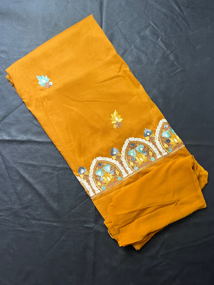 Kashmiri Botti Aari 3 Piece Unstitched Suit | Mustard Yellow